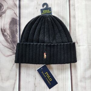 NWT Polo Ralph Lauren Beanie Wool Blend Rib Knit Cuff Pony Logo Black Unisex